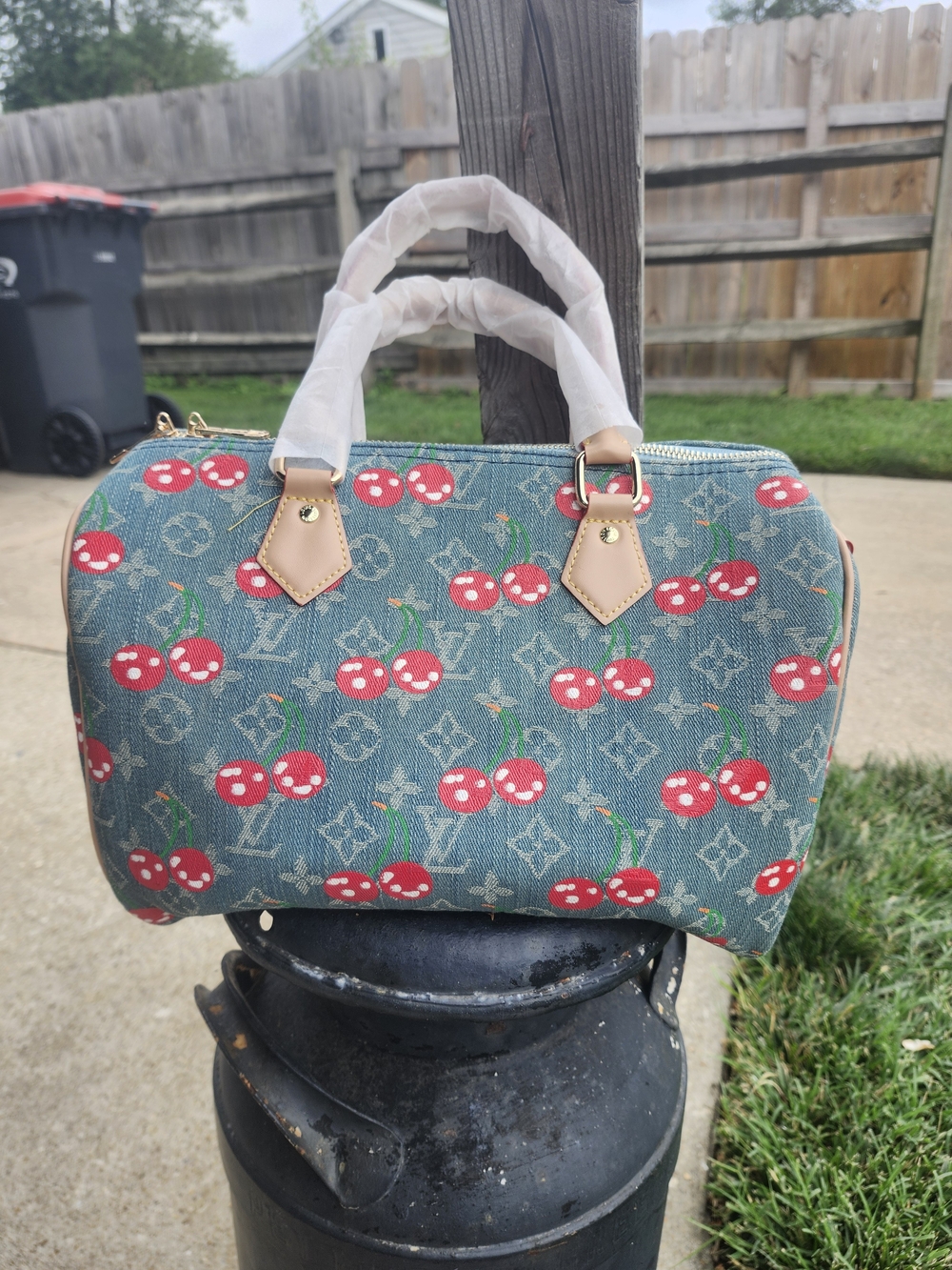 Cherry Print Denim-Style Satchel in Blue